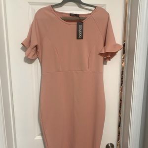 BooHoo Pink Crepe Ruffle Midi Dress Size 14